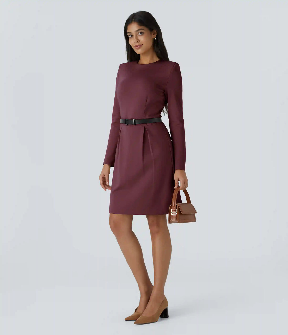 Round Neck Shoulder Pad Long Sleeve Hem Slim Mini Work Dress