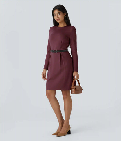 Round Neck Shoulder Pad Long Sleeve Hem Slim Mini Work Dress