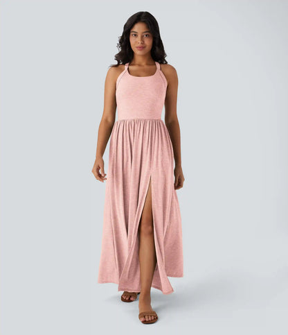 Twisted Backless Split Flowy Maxi Resort Dress with Pockets