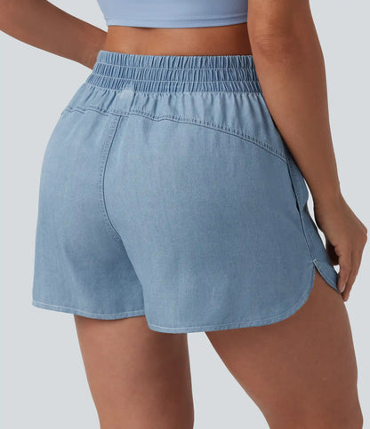 Mid Rise Draped Denim Casual Shorts 3.5'' with Pockets