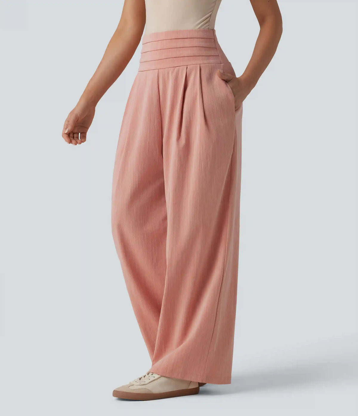 Adjustable Super High Waisted Shirred Wide Leg Casual Linen-Feel Pants with Pockets