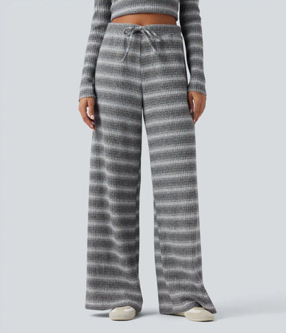 Mid Rise Drawstring Wide Leg Waffle Gradient Stripe Casual Pants with Pockets