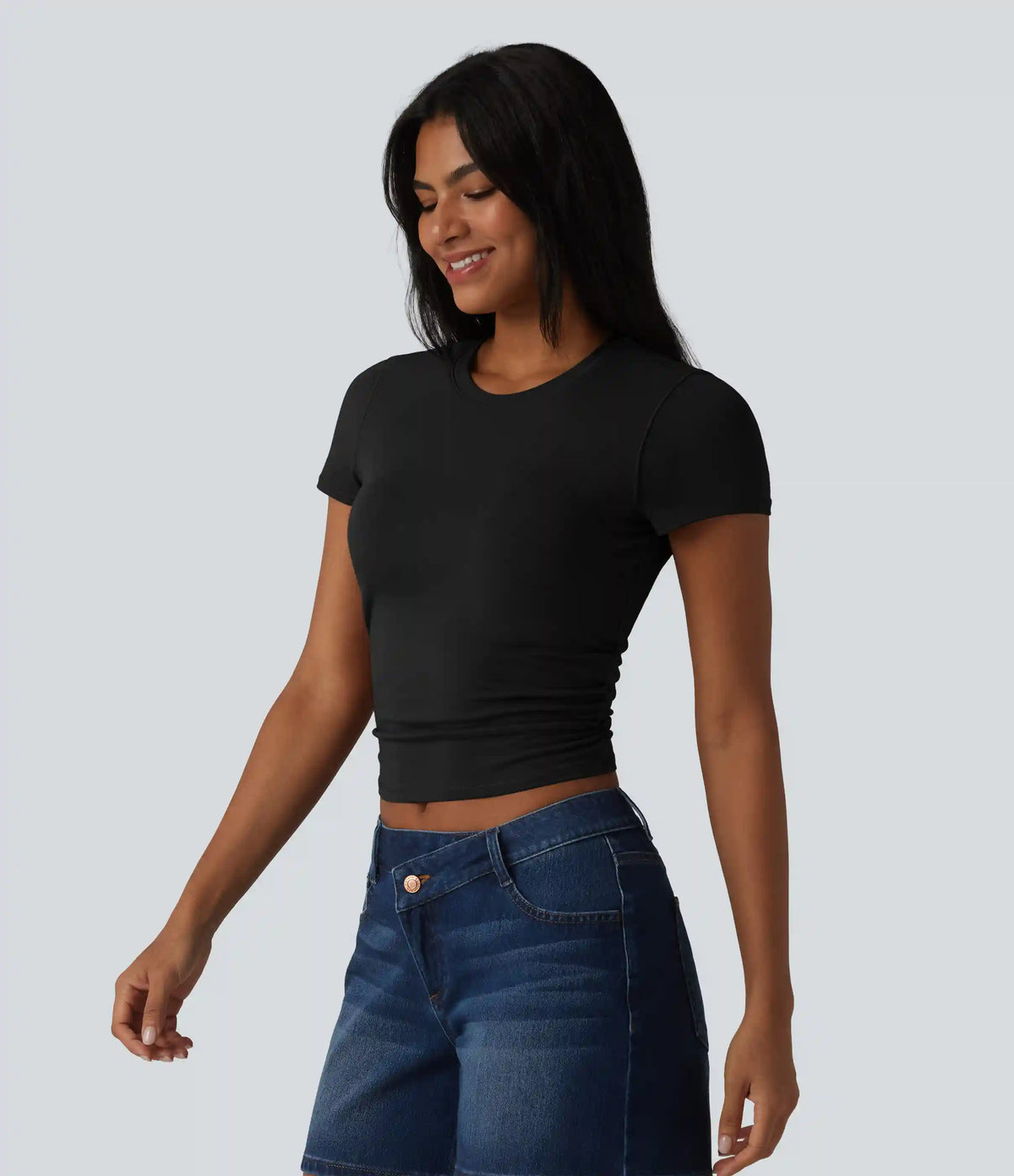 Halara Cotton Jersey Round Neck Short Sleeve Ruched Built-in Bra Casual T-Shirt