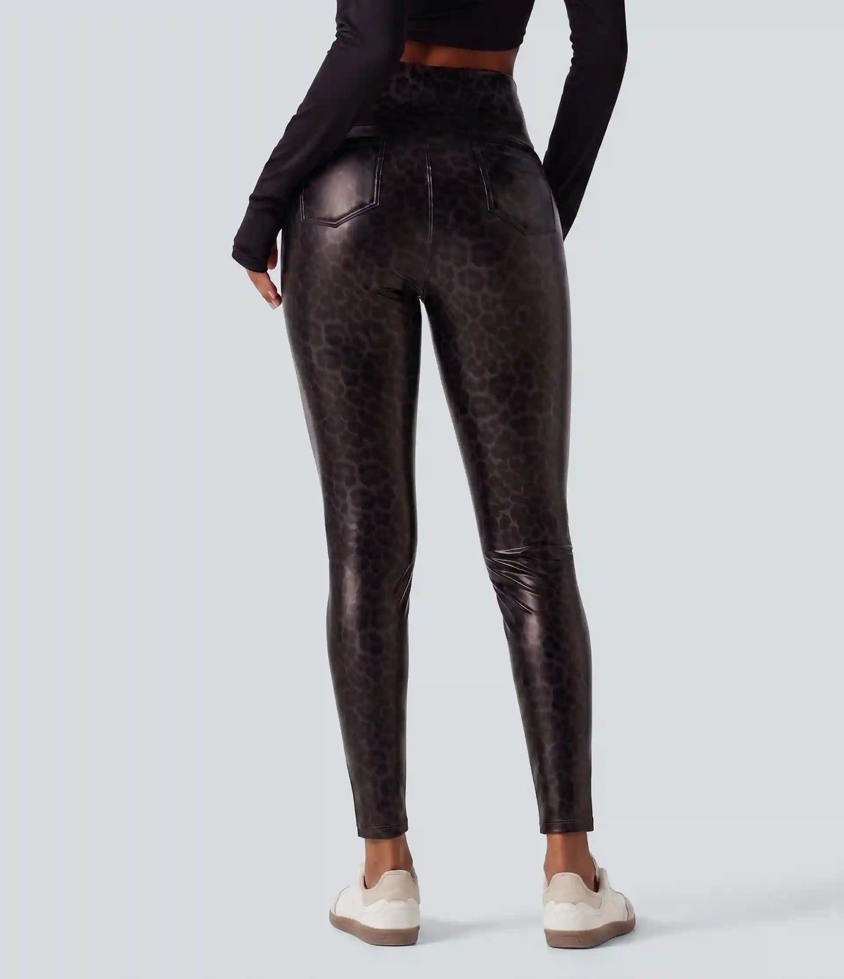 High Waisted Tummy Control Stretchy PU Leopard Print Skinny Casual Leggings with Pockets