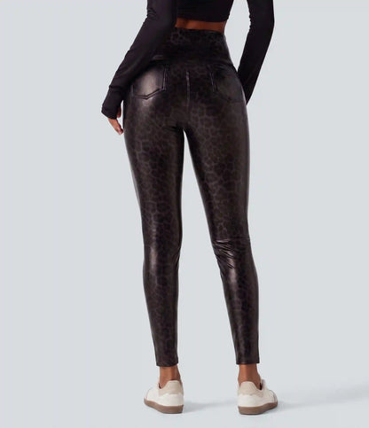 High Waisted Tummy Control Stretchy PU Leopard Print Skinny Casual Leggings with Pockets