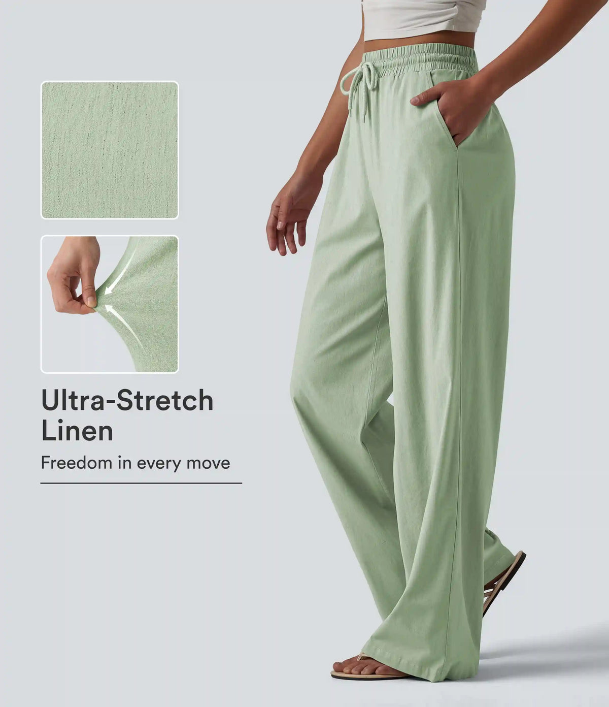 High Waisted Drawstring Wide Leg Baggy Casual Stretch Linen Pants with Pockets