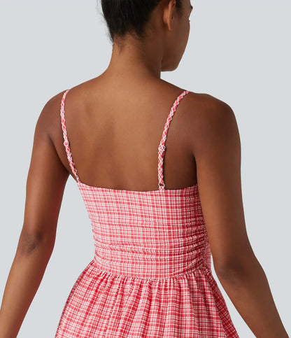 Adjustable Straps 2-in-1 Built-in Bra A-line Mini Plaid Crinkle Quick Dry Tennis Active Slip Dress with Pockets-Easy Peezy