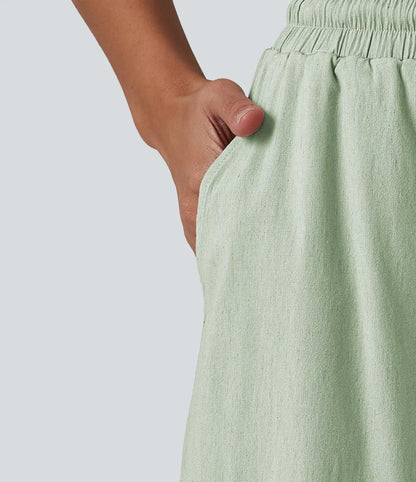High Waisted Drawstring Wide Leg Baggy Casual Stretch Linen Pants with Pockets