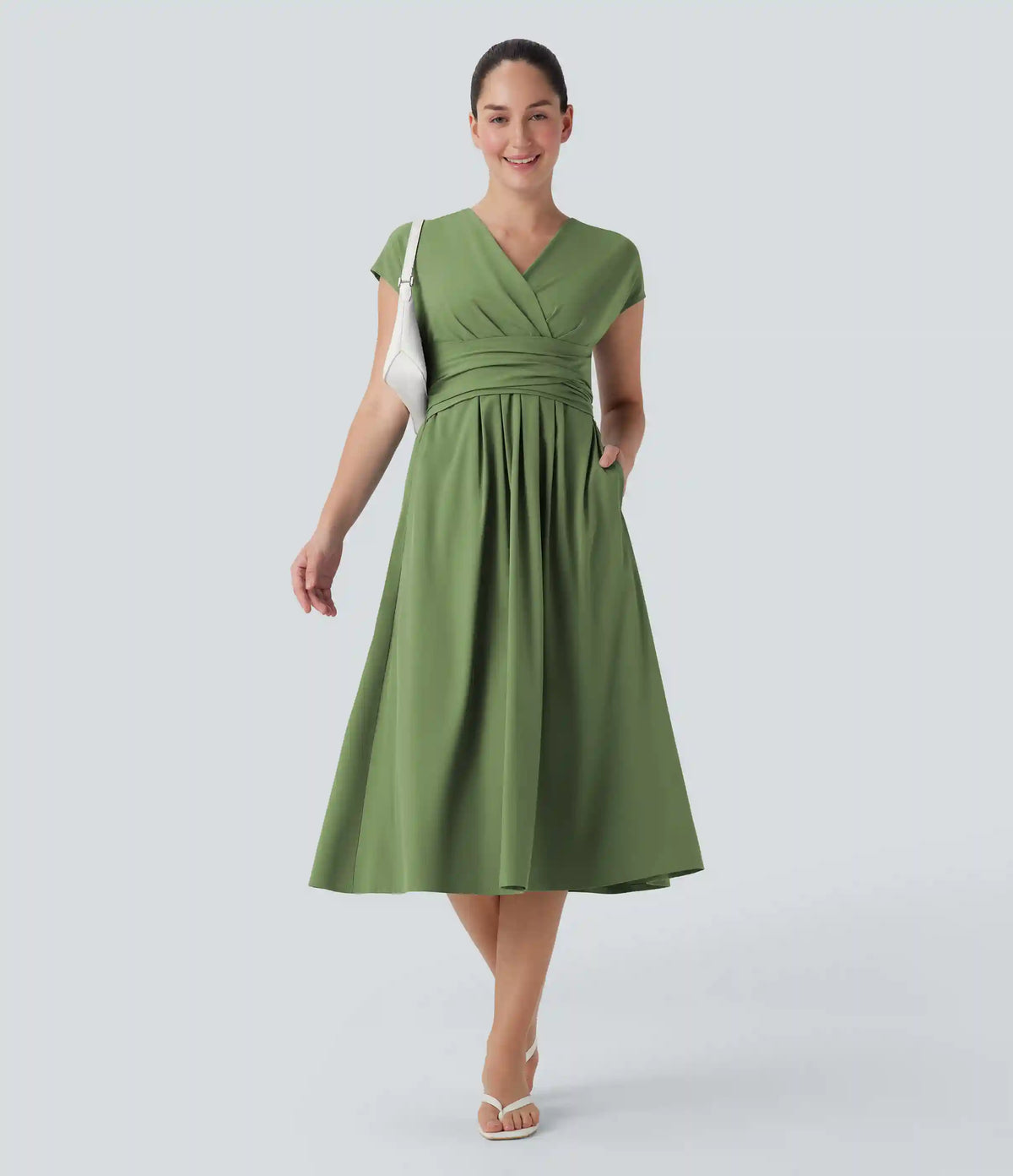 Breezeful™ V Neck Short Sleeve Pocket Tie Back Quick Dry Midi Casual Dress