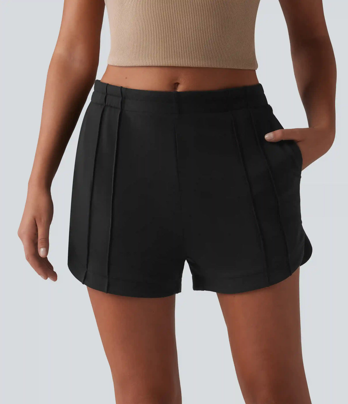 Mid Rise Pintuck Curved Hem Casual Shorts 3'' with Pockets