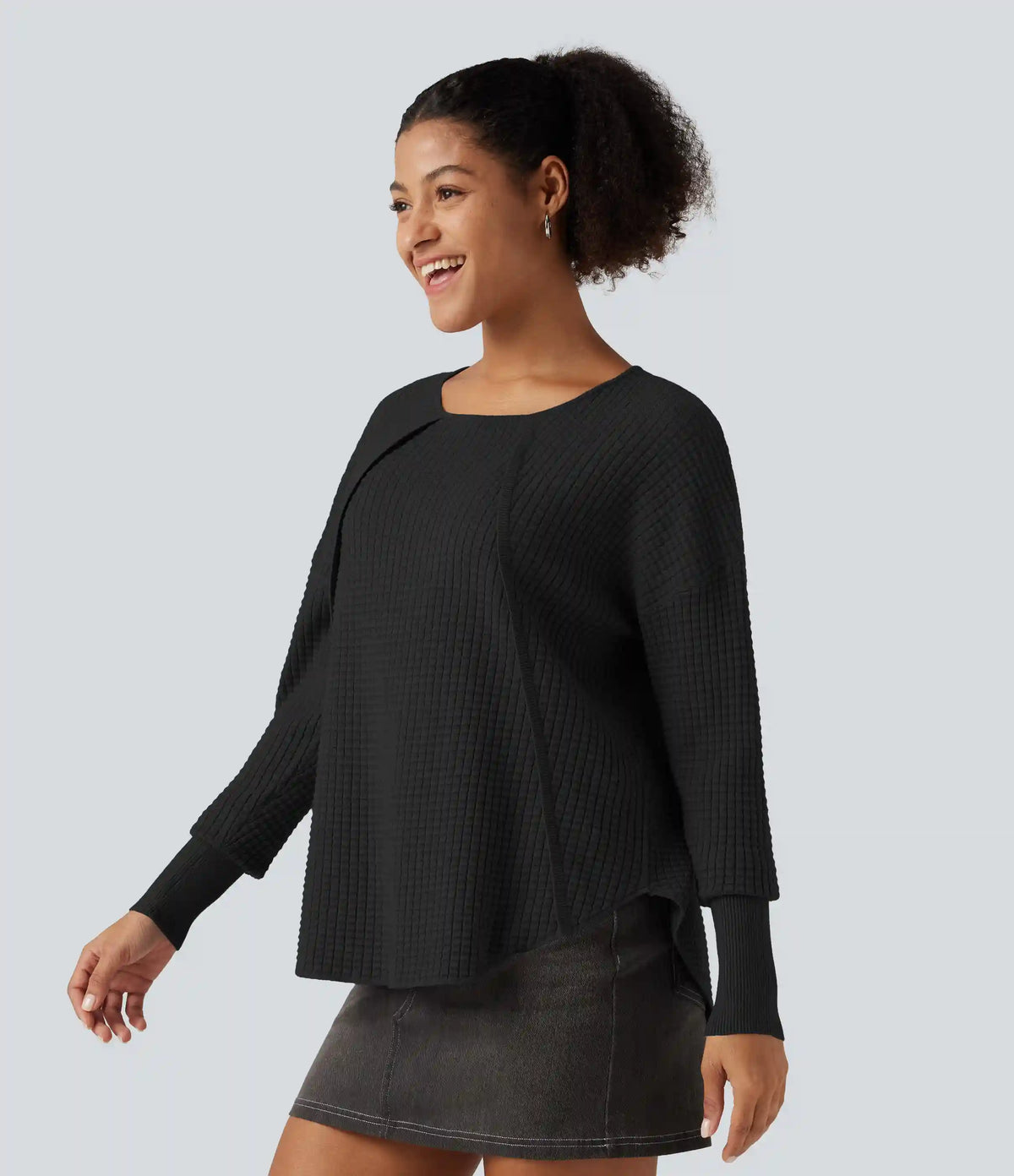 Round Neck Bishop Long Sleeve Curved Hem Casual Sweater