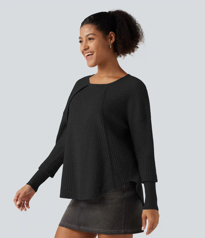 Round Neck Bishop Long Sleeve Curved Hem Casual Sweater