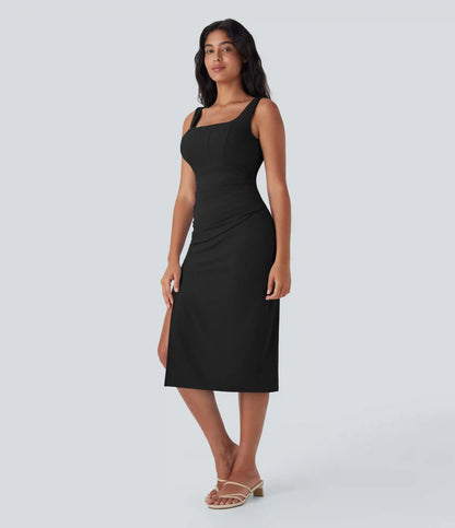 SoftlyZero™ Airy Square Neck Corset Ruched Bodycon Midi InstantCool Dress DD-F Cups