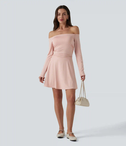 Off-shoulder Long Sleeve Ruched 2-in-1 Built-in Bra Casual Dress with Pocket-Easy Peezy