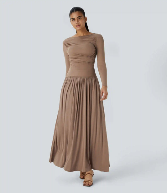 Ribbed Boat Neck Long Sleeve Ruched Pocket Flowy Maxi Casual Dress
