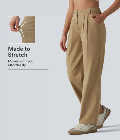 High Waisted Pleated Straight Leg Casual Chino Cotton Pants with Pockets