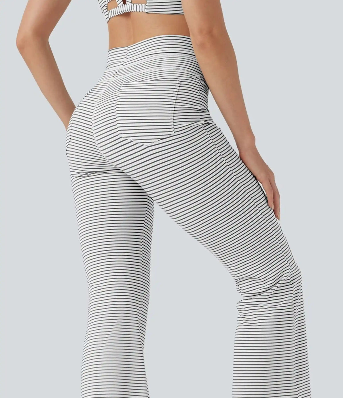 High Waisted Drawstring Stripe Flare Yoga Pants with Pockets