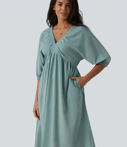 V Neck 3/4 Sleeve Midi Casual Linen-Feel Dress with Pockets