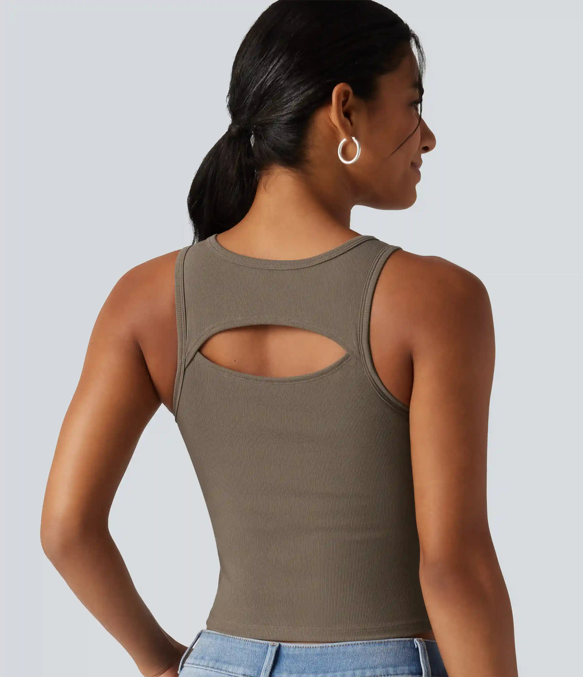 Ribbed Knit Round Neck Built-in Bra Cut Out Cropped Casual Tank Top