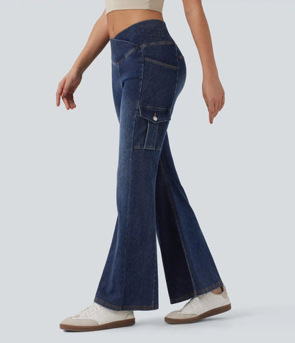 Halara Flex™ Mid Rise Crossover Denim Bootcut Casual Leggings with Pockets
