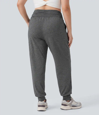 Plus Size High Waisted Ruched Heathered Yoga Joggers with Pockets