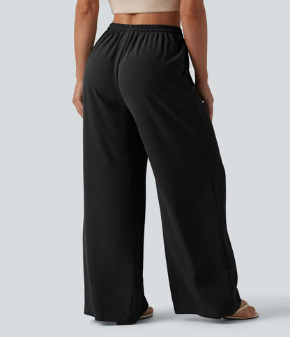 Mid Rise Drawstring Wide Leg Baggy Casual Linen-Feel Pants with Pockets