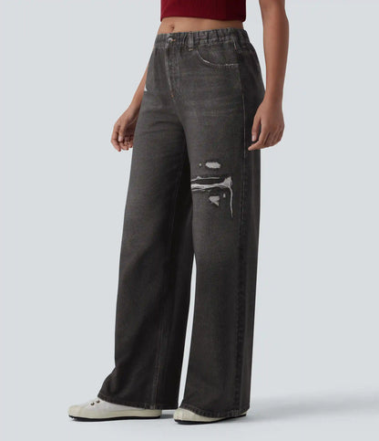 Mid Rise Denim Print French Terry Casual Sweatpants Jeans with Pockets