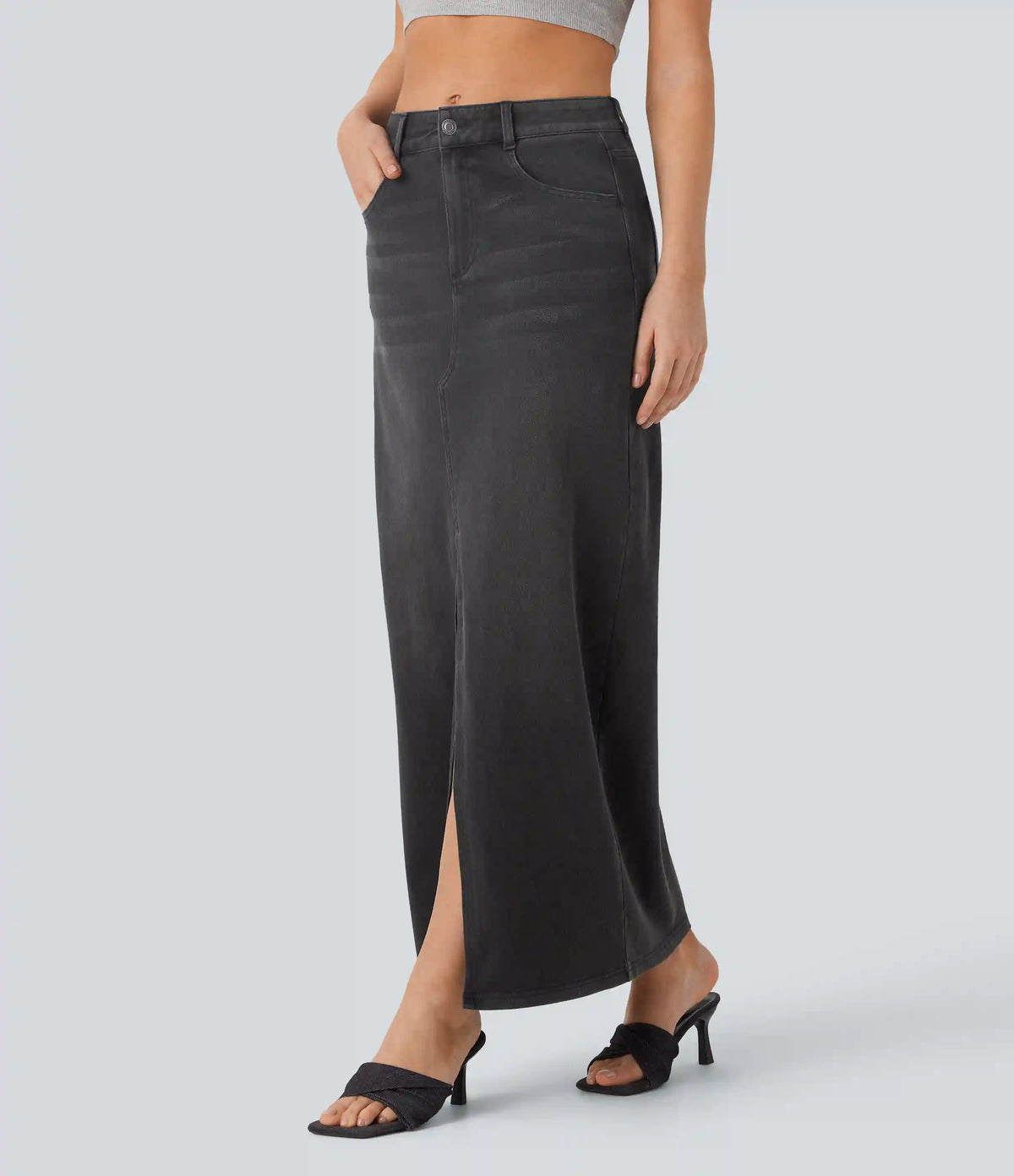 Halara Flex™ Mid Rise Pockets Straight Maxi Washed Denim Casual Skirt