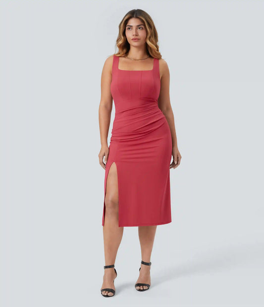 SoftlyZero™ Airy Square Neck Corset Ruched Bodycon Midi InstantCool Plus Size Dress