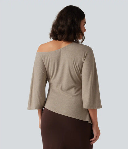 One Shoulder 3/4 Sleeve Ruched Casual Top