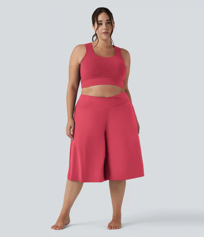SoftlyZero™ Airy Crossover High Waisted Wide Leg InstantCool Yoga Pedal Pusher Plus Size Pants with Pockets