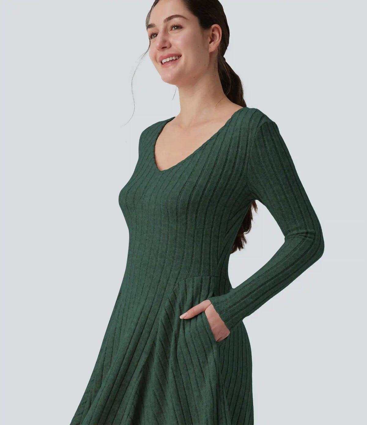 Ribbed Knit V Neck Long Sleeve Flare Midi Casual Dress with Pockets