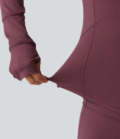 Round Neck Long Sleeve Contrast Mesh Thumb Hole Curved Hem Quick Dry Yoga Sweatshirt