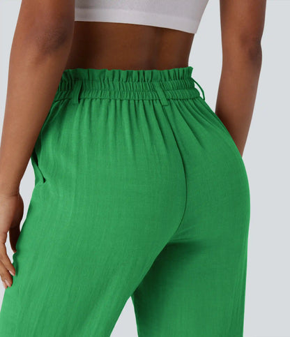 High Waisted Zipper Pocket Cropped Linen-Feel Pants