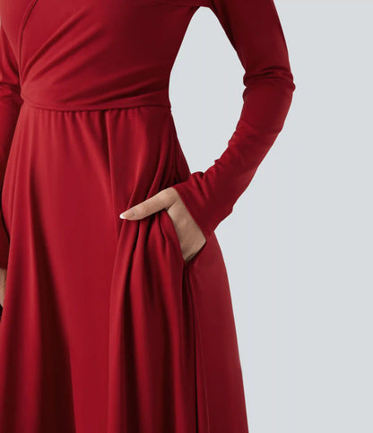Long Sleeve Wrapped Tie Back 2-Piece Midi Dress with Pockets
