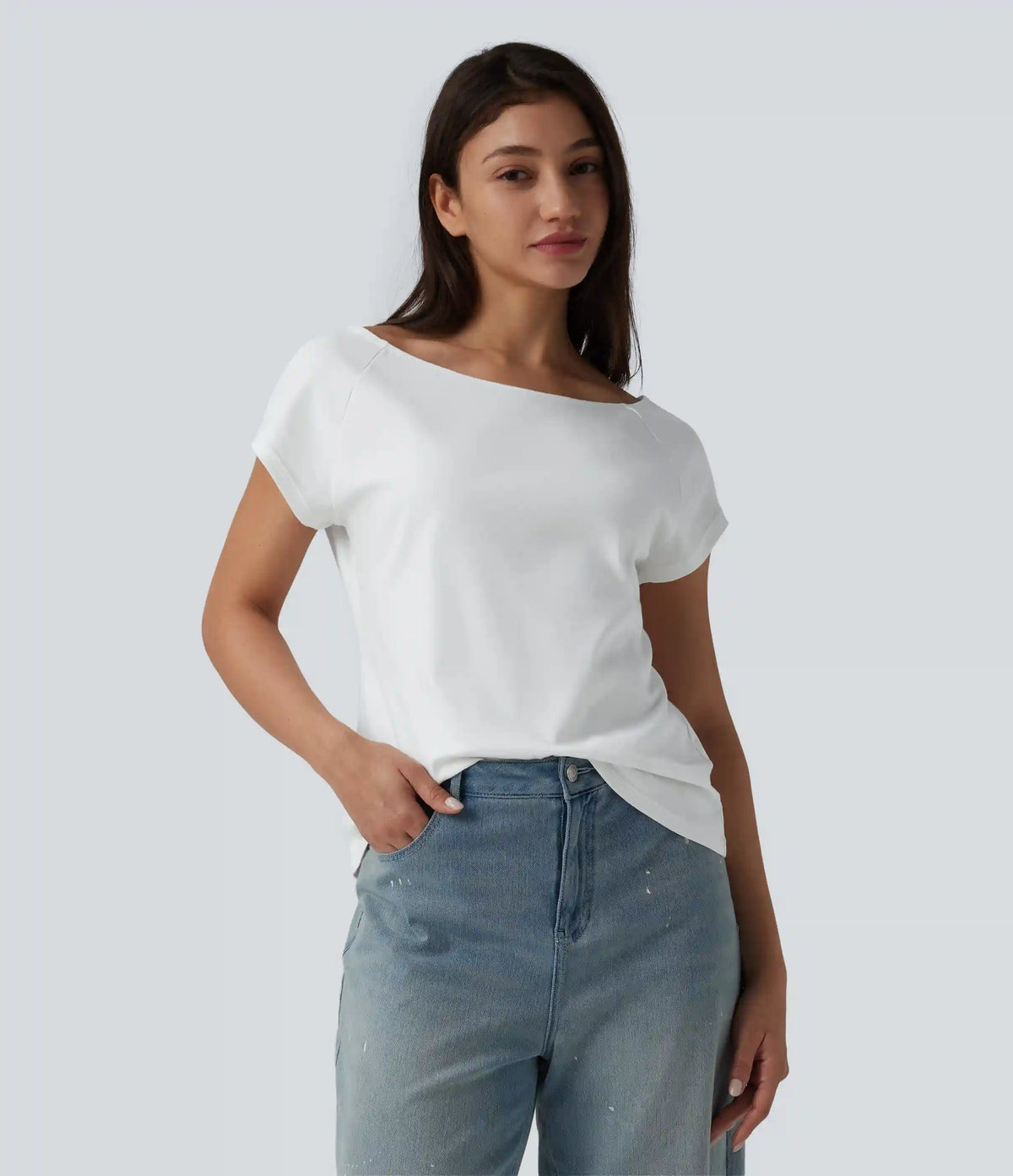 Boat Neck Short Sleeve Casual Pima Cotton T-Shirt