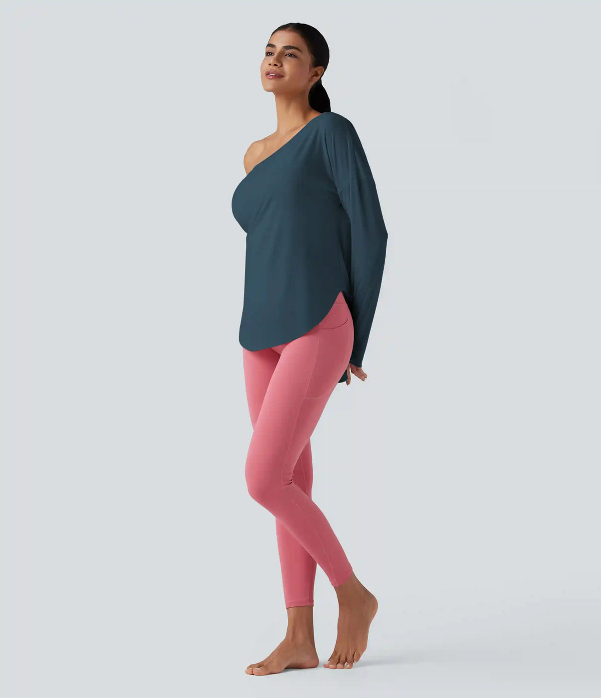 One Shoulder Long Sleeve Thumb Hole Curved Hem High Low Quick Dry Yoga Sports Top-Built-in Bra