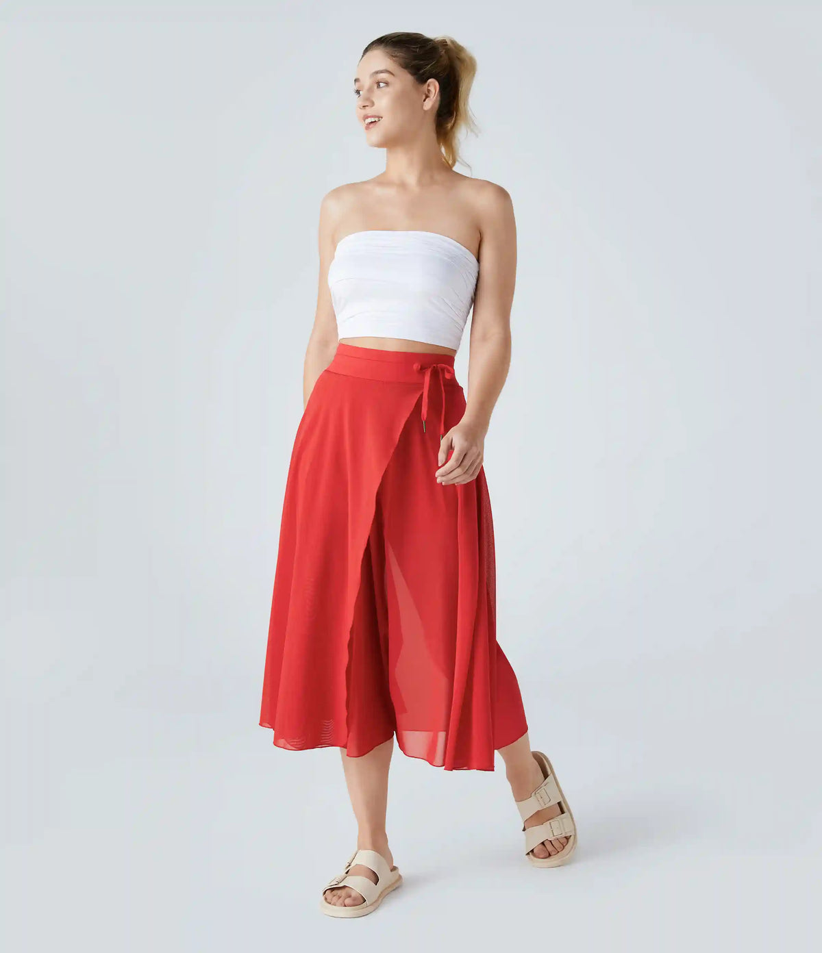 High Waisted Drawstring Contrast Mesh 2-in-1 Pocket Flowy Midi Flare Casual Skirt