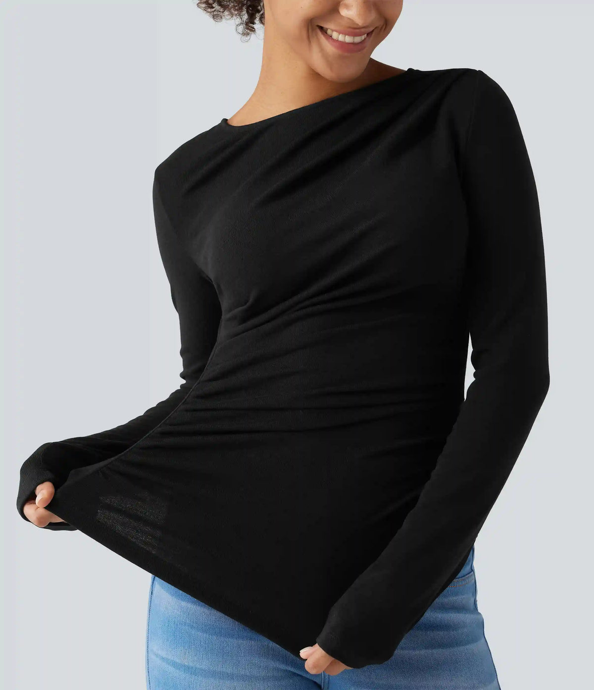 Boat Neck Long Sleeve Ruched Asymmetric Hem Thermal Casual Top