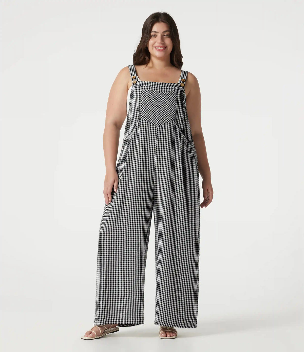 Plus Size Plaid Casual Linen-Feel Overalls with Pockets