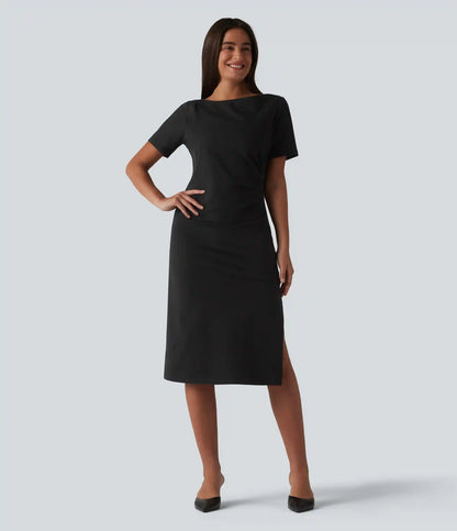 Halara Flex™ Denim Boat Neck Short Sleeve Ruched Split Midi Casual Dress