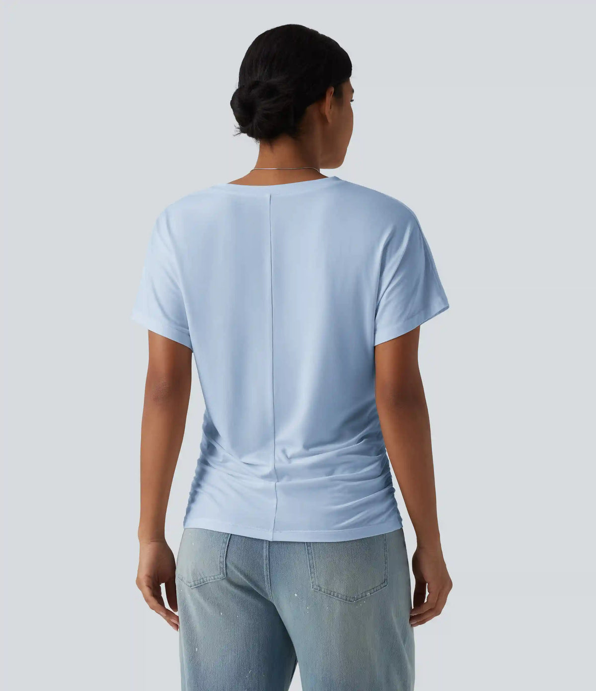 V-neck Short Sleeve Ruched Plain Casual T-Shirt