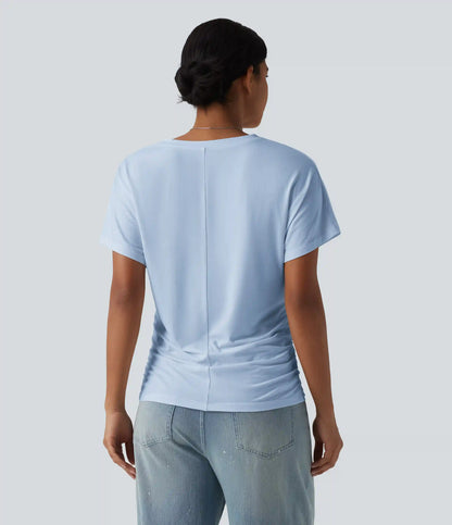 V-neck Short Sleeve Ruched Plain Casual T-Shirt