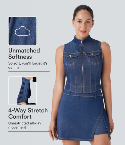 Halara Flex™ Stand Collar Zipper InstantCool Washed Denim Tennis Tank Top