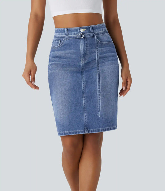 Halara Flex™ Mid Rise Zipper Pockets Washed Denim Midi Casual Skirt