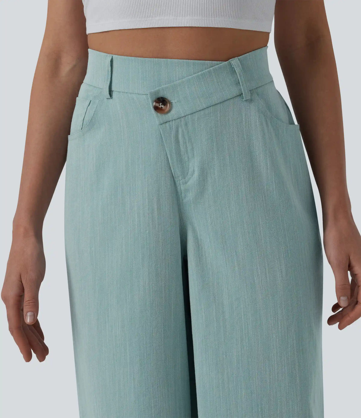 Crossover High Waisted Casual Linen-Feel Baggy Pants with Pockets