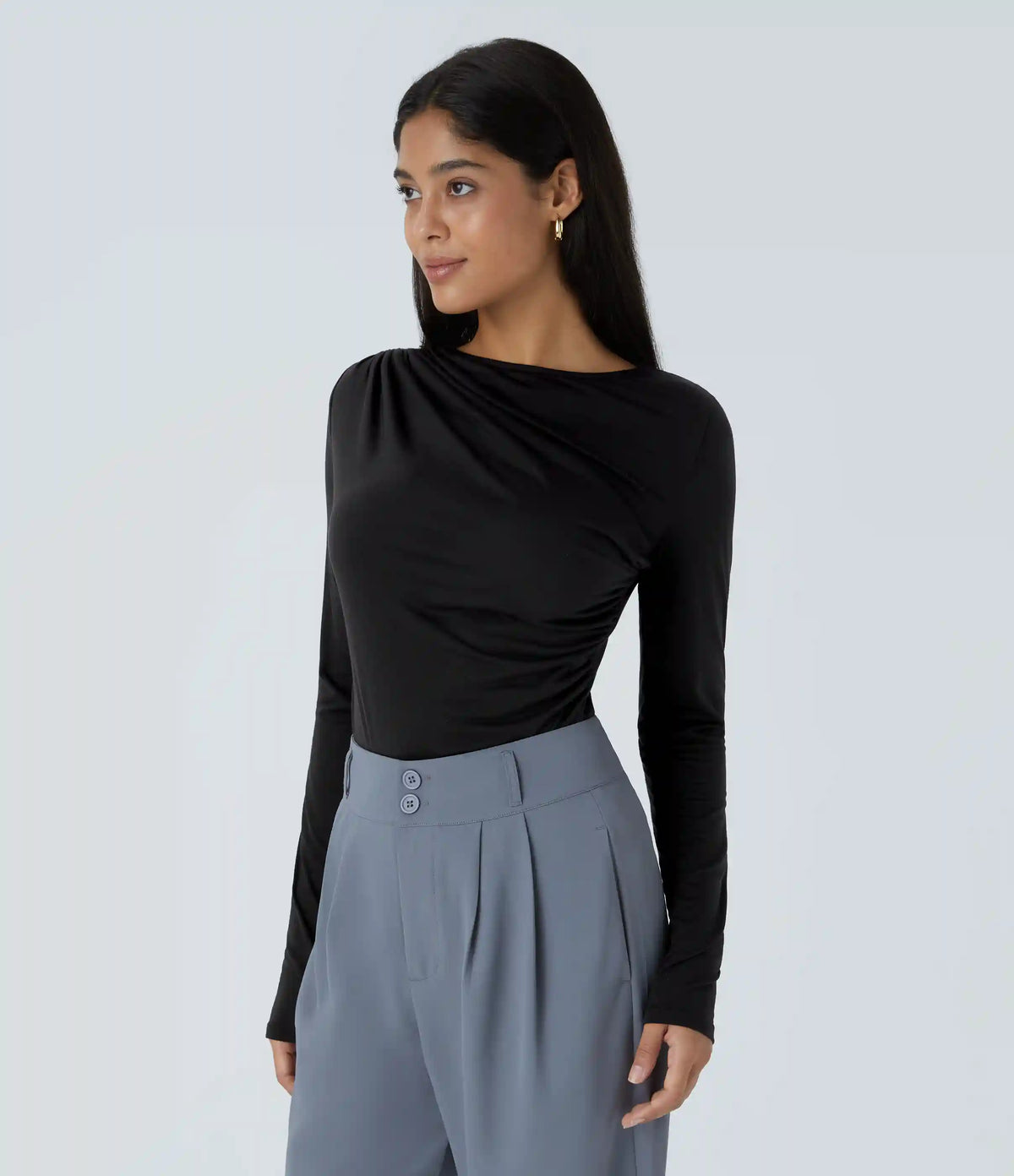 Long Sleeve Asymmetric Ruched Work Top