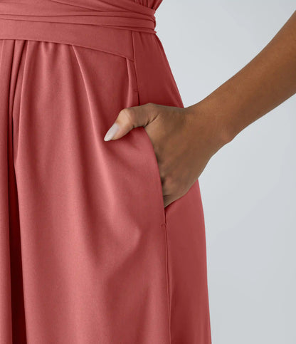 Breezeful™ V Neck Short Sleeve Pocket Tie Back Quick Dry Midi Casual Dress-Longer Length