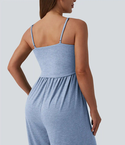 Adjustable Straps Ruched Wide Leg Heathered Casual Jumpsuit with Pockets-Easy Peezy