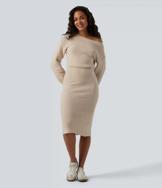 One Shoulder Long Sleeve Midi Casual Sweater Dress